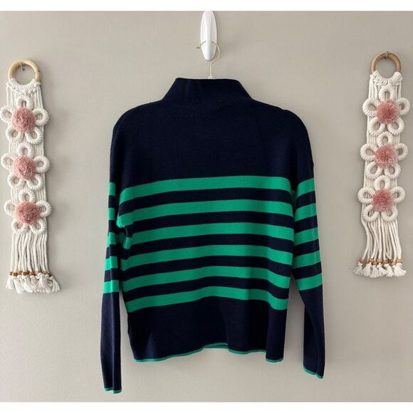 Tahari Striped Mock Neck Pullover‎ Sweater Green Navy Blue Stylish Size Large - Picture 2 of 6